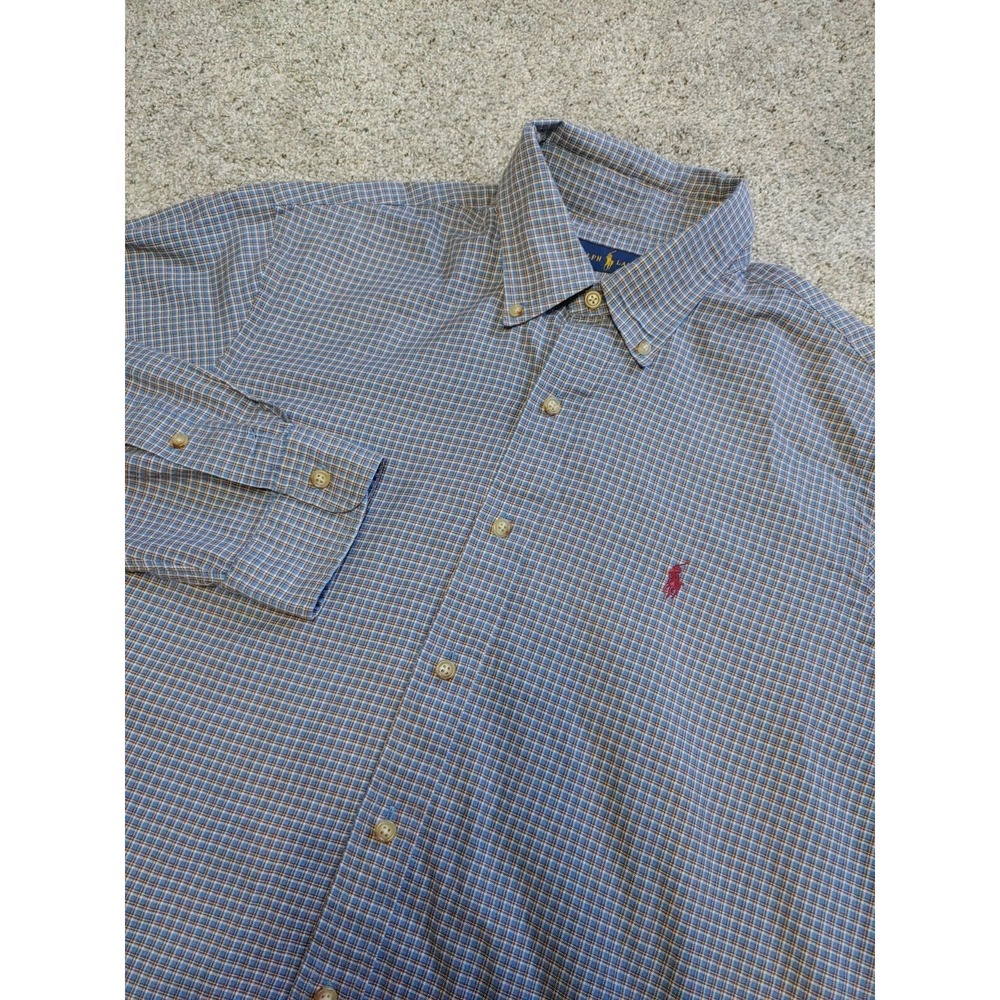 Ralph Lauren Oxford Shirt Mens L Blue Plaid MaroonPony Button Down Casual Preppy